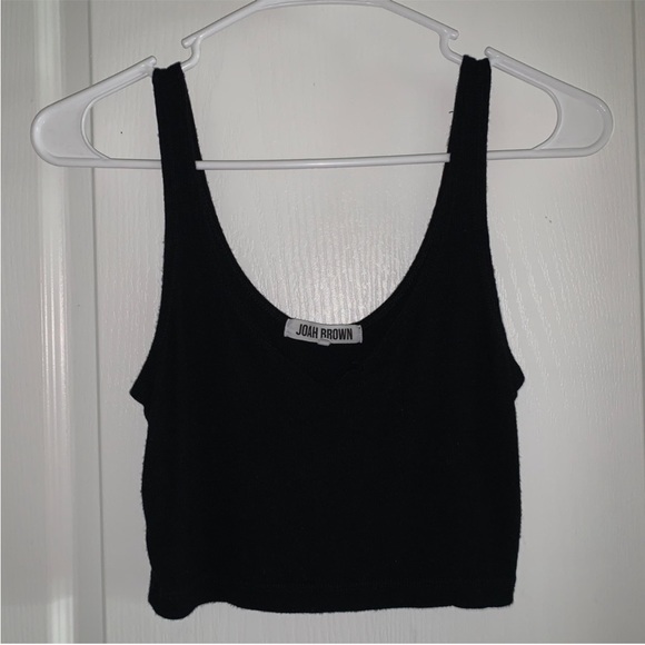 Women’s S/M JOAH BROWN Black Ribbed Notched V-Neck Cropped Tank Top - Picture 2 of 8